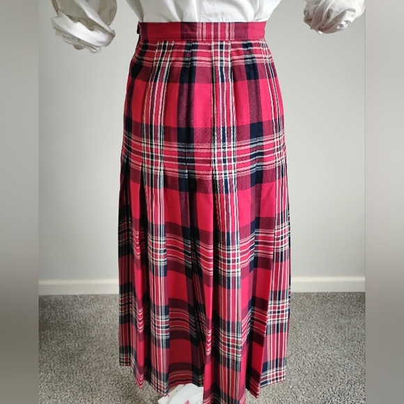 Pendleton Vintage 80s Wool Pleated Maxi Skirt Preppy Navy Blue Red Plaid Size 8 - Picture 10 of 15